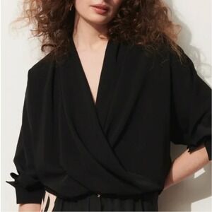 Figue Fallon Draped Surplice Top XS Black Long Sleeve‎ Blouse